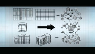 An image of a spreadsheet with columns and rows, evolving into a database, and evolving into a JSON structure, showing data values in cells